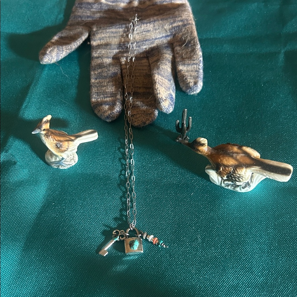 Silver Charm Necklace with Lock and Key Turquoise Accent